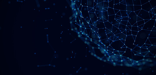 Futuristic technology background with wireframe sphere. Clobal digital network connections. Sphere with connected dots and lines. Concept of world science and technology. 3d rendering.