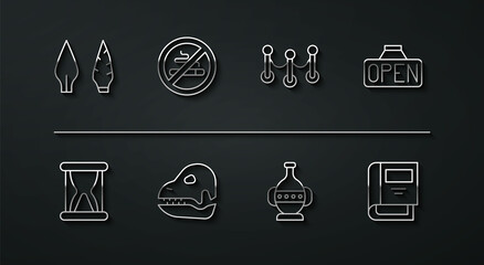 Set line Stone age arrow head, Old hourglass with sand, Hanging sign Open, Ancient amphorae, Dinosaur skull, No Smoking, History book and Rope barrier icon. Vector