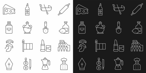 Set line Italian cook, Coliseum in Rome, Limoncello bottle, Gondola, Bottle of olive oil, Perfume, Cheese and Pizza knife icon. Vector