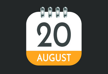 August 20, calendar daily icon. Banner of day, date, month and holiday in august.