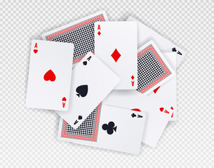 Playing card chaos. Turned aces and mess on playing table. Graphic elements for attracting number of poker or blackjack players. Online gambling and fortune. Realistic isometric vector illustration - obrazy, fototapety, plakaty