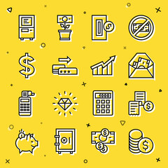 Set line Coin money with dollar, Paper or financial check, Envelope symbol, Inserting coin, Pos terminal, Dollar, ATM and Financial growth increase icon. Vector