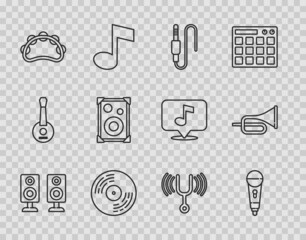 Set line Stereo speaker, Microphone, Audio jack, Vinyl disk, Tambourine, Musical tuning fork and Trumpet icon. Vector © Kostiantyn
