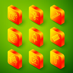 Set line Telephone call 911, Electricity spark, Metal pike pole, No fire, Ringing alarm bell, Fire escape, Firefighter helmet and First aid kit icon. Vector