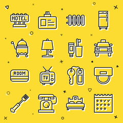 Set line Hotel booking calendar, Bellboy hat, Taxi car, Heating radiator, Table lamp, Covered with tray, Signboard text and Toothbrush and toothpaste icon. Vector