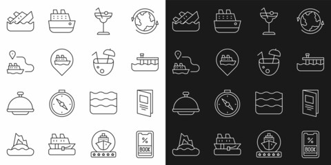 Set line Cruise ticket, Brochure, Beach pier dock, Cocktail, Location with cruise ship, Ship line path, Sinking and Coconut cocktail icon. Vector