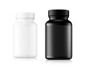 Black and white plastic bottles mockup with on white background. Can be used for medical, cosmetic, food. Vector illustration. EPS10.	