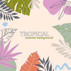 Summer vector illustration in trendy flat style with copy space for text.Abstract background with tropical leaves,plants.Tropical banner for covers,social media,posters,prints.Cover design template.