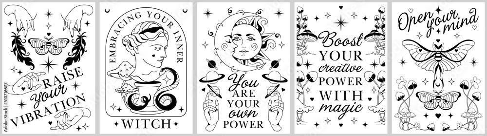 Wall mural silhouette vintage prints for t-shirt, tee, celestial affirmations .alchemy sacred posters with insp