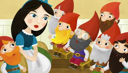cartoon happy scene with princess and dwarfs in a room illustration