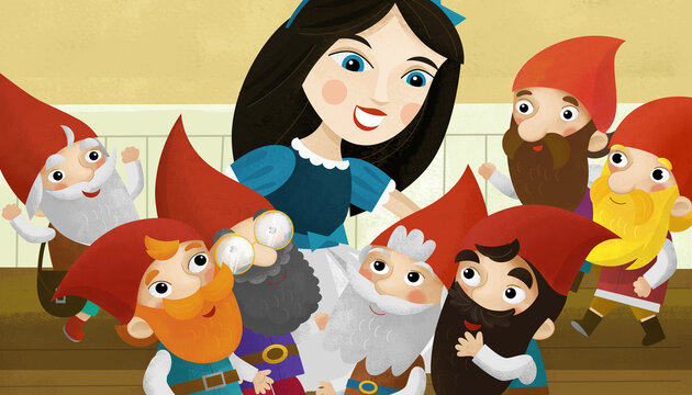cartoon happy scene with princess and dwarfs in a room illustration