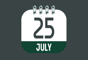 July 25 calendar daily icon. Banner of day, date, month and holiday in july.