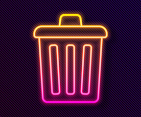 Glowing neon line Trash can icon isolated on black background. Garbage bin sign. Recycle basket icon. Office trash icon. Vector