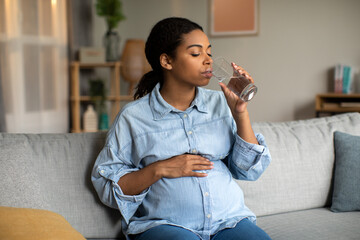 Pregnant African American Lady Drinking Glass Of Water At Home