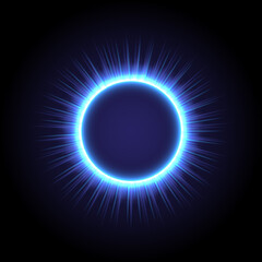 Fireworks model. Glowing circle. Sunshine, Light , ray and sparking ring. Colorful tunnel. Bright border. Blue flame magic portal. Luminous electron and glint swirling