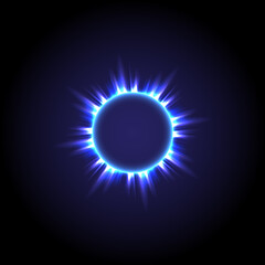 Glowing circle. Sunshine, Light , ray and sparking ring. Colorful tunnel. Bright border. Blue flame magic portal. Luminous electron and glint swirling. Fireworks model
