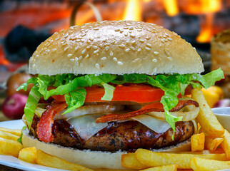 Burger with grilled meat, tomato, onion, lettuce, bacon and french fries