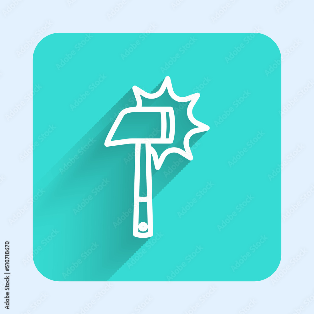 Poster white line firefighter axe icon isolated with long shadow background. fire axe. green square button.