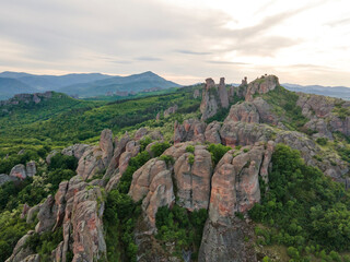 Fototapeta na wymiar Aerial Sunset view of Belogradchik Rocks, Bulgaria
