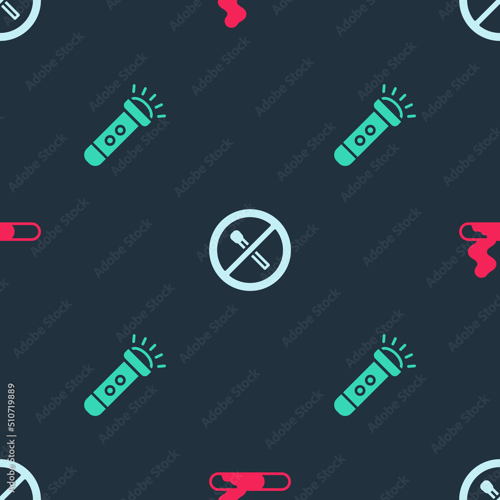 Poster set cigarette, no fire match and flashlight on seamless pattern. vector