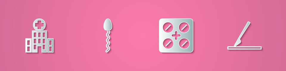 Obraz premium Set paper cut Medical hospital building, Sperm, Pills blister pack and surgery scalpel icon. Paper art style. Vector