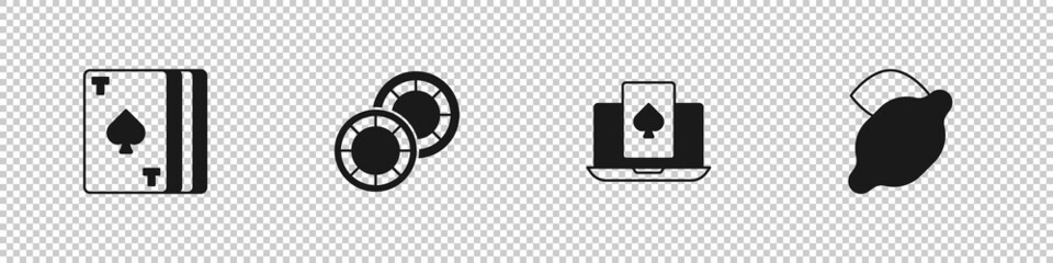Set Deck of playing cards, Casino chips, Online poker table game and slot machine with lemon icon. Vector