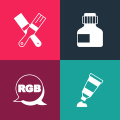 Set pop art Tube with paint palette, RGB, Paint, gouache, jar, dye and brush icon. Vector