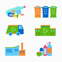 icon group recycling of trash, recycling plant, garbage sorting, garbage cans, garbage truck