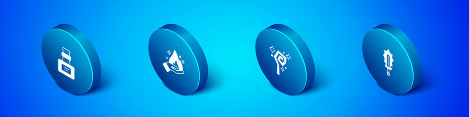 Set Isometric Bottle with potion, Magic staff, sword in fire and Hand holding icon. Vector