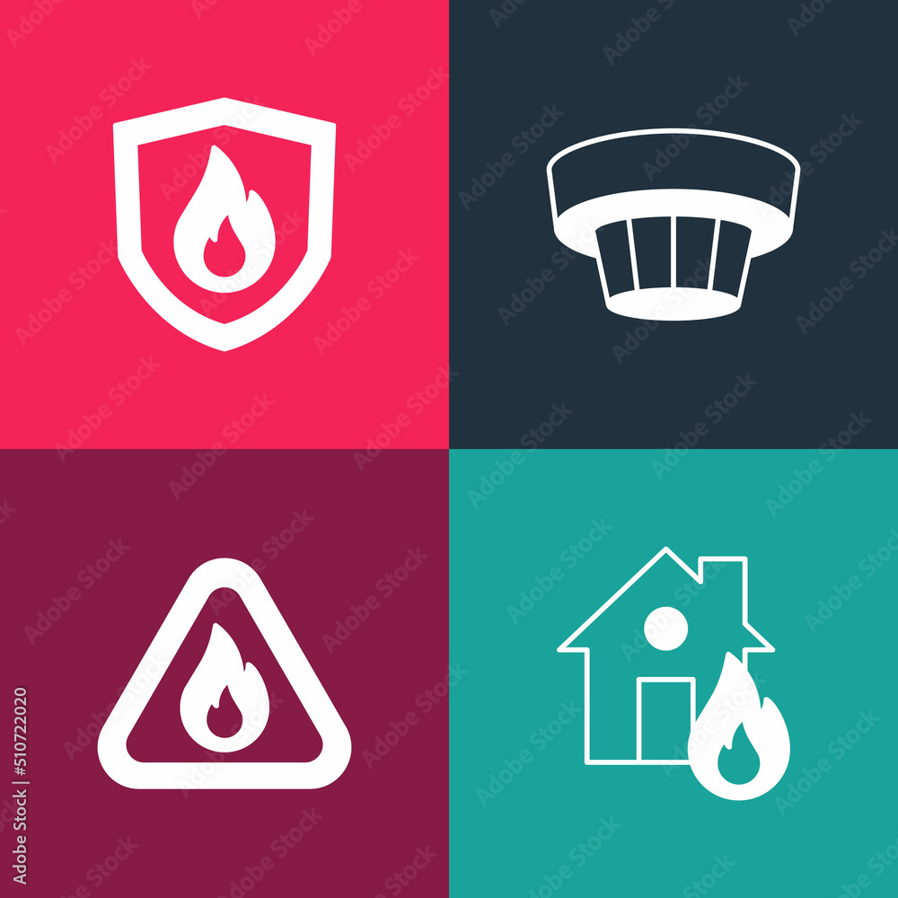 Sticker Set pop art Fire in burning house, flame triangle, Smoke alarm system and protection shield icon. Vector