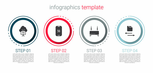 Set Smart Tv, Mobile with 5G, Router and wi-fi signal and Transfer files. Business infographic template. Vector