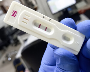 Technician holding a rapid test device for HIB(Haemophilus Influenzae Type B) blood test, Bacterial...