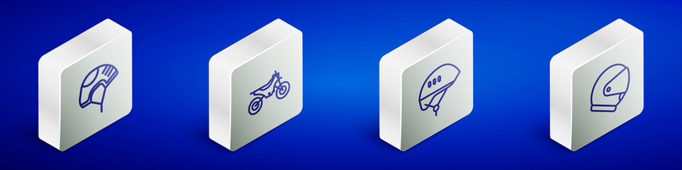 Set Isometric line Helmet, Mountain bike, Bicycle helmet and icon. Vector