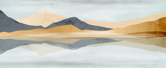 Abstract watercolor landscape background in gold and blue colors. Art banner with hills and mountains on the sea for decoration, interior design, print, wallpaper © VectorART