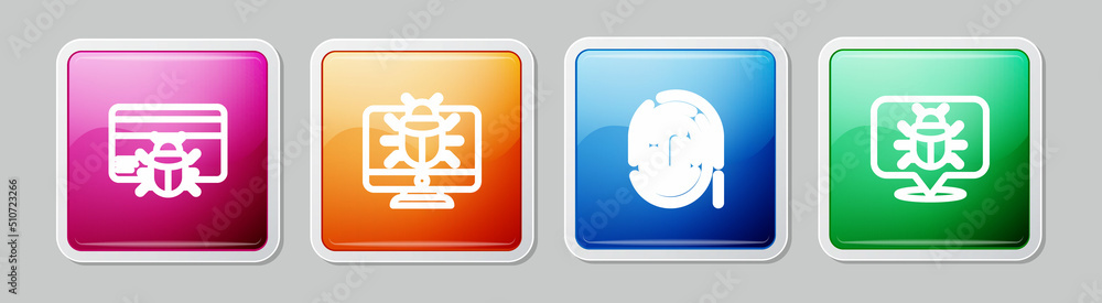 Sticker Set line System bug in credit card, on monitor, Fingerprint and . Colorful square button. Vector