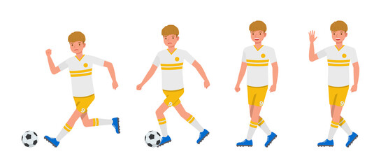 Set of Soccer and football player man character vector design. Presentation in various action with emotions, running, standing and walking.