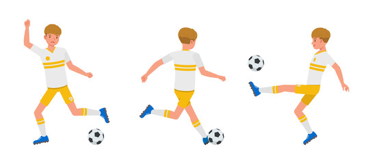 Set of Soccer and football player man character vector design. Presentation in various action with emotions, running, standing and walking.