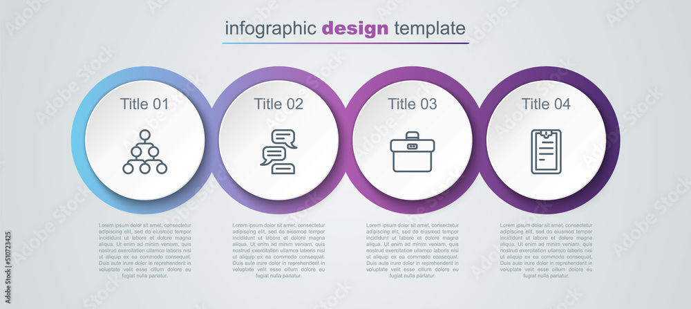 Poster set line hierarchy organogram chart, speech bubble chat, briefcase and clipboard with checklist. bus