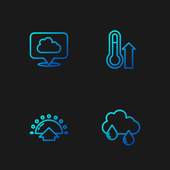 Set line Cloud with rain, Sunrise, Location cloud and Meteorology thermometer. Gradient color icons. Vector