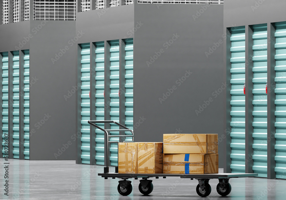 Poster self storage unit. interior self storage with cart. warehouse trolley with cardboard boxes. many clo