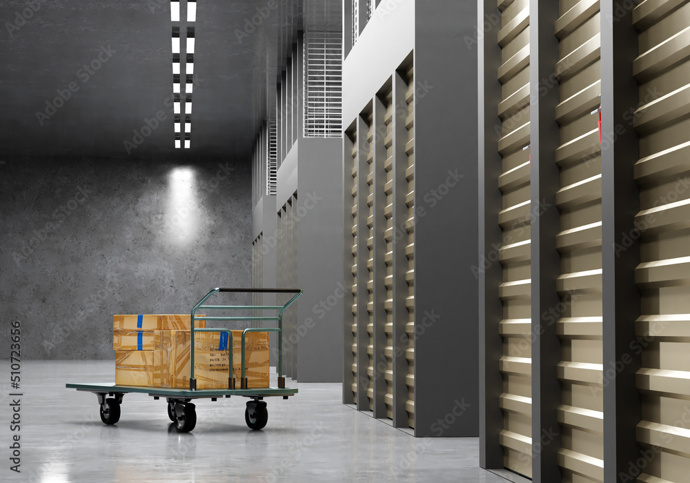 Poster storage unit. warehouse with containers and trolleys. visualization self storage. rooms for self con