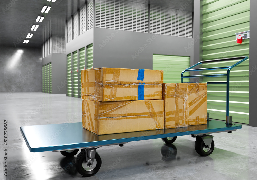 Aufkleber self storage. warehouse with trolley with boxes. storage units indoors. warehouse interior with gray