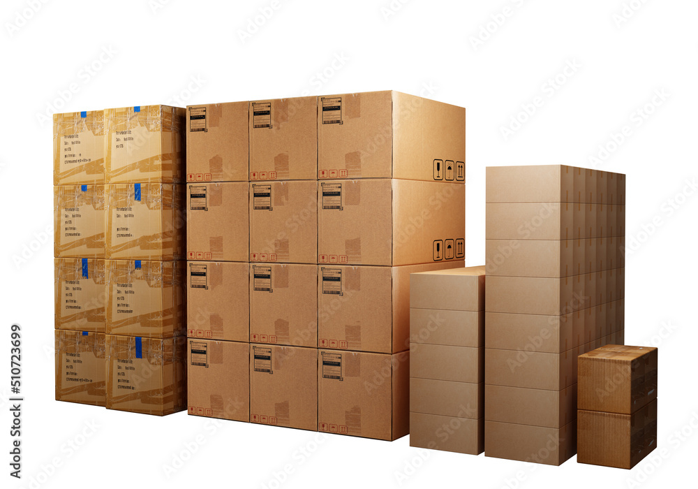 Poster carton boxes. boxes of different types and sizes. parcel storage concept. boxes with traces of adhes