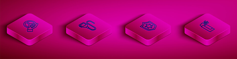 Set Isometric line Peace, Walkie talkie, Police badge and Pepper spray icon. Vector