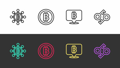Set line Blockchain technology Bitcoin, , and Cryptocurrency key on black and white. Vector