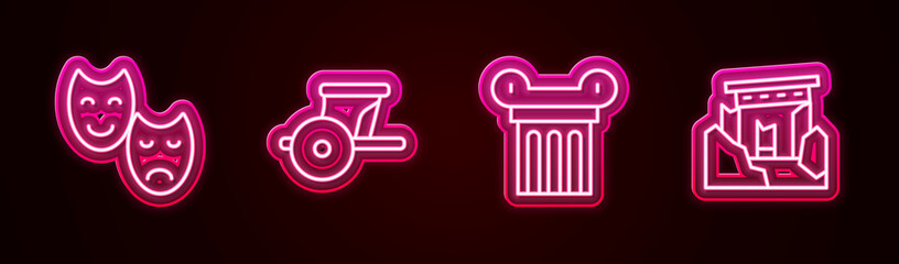 Set line Comedy and tragedy masks, Ancient chariot, column and ruins. Glowing neon icon. Vector