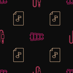 Set line Audio jack, Music book with note and Xylophone on seamless pattern. Vector