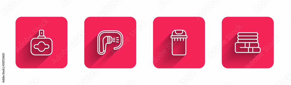 Poster set line perfume, shower, trash can and towel stack with long shadow. red square button. vector