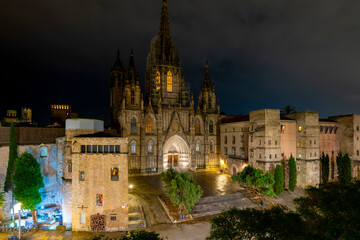 Fototapeta na wymiar Night view of the Gothic Barcelona Cathedral and Square in the El Born medieval district of the historic center of Barcelona.