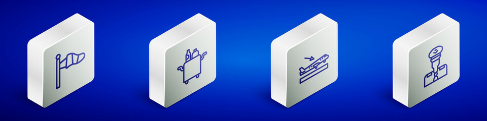 Set Isometric line Cone meteorology windsock, Trolley for food, Plane landing and Pilot icon. Vector